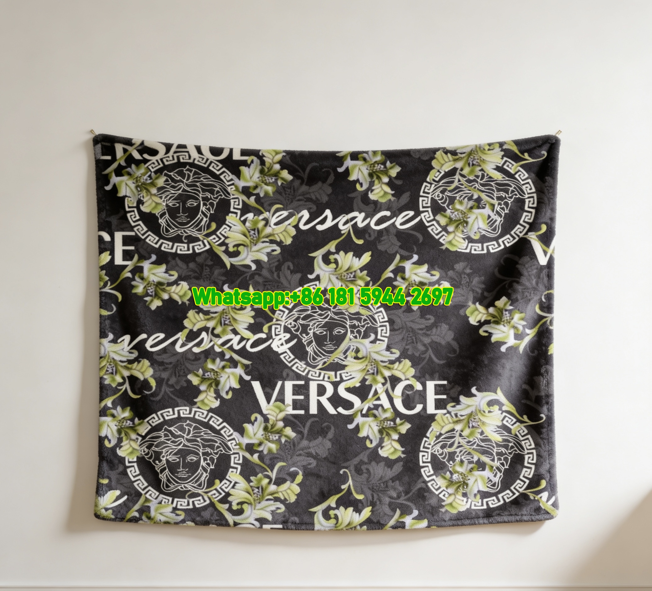 Versace Dark Green White Floral Medusa Greek Key Print Flannel Sofa Throw Blanket IMG_1426